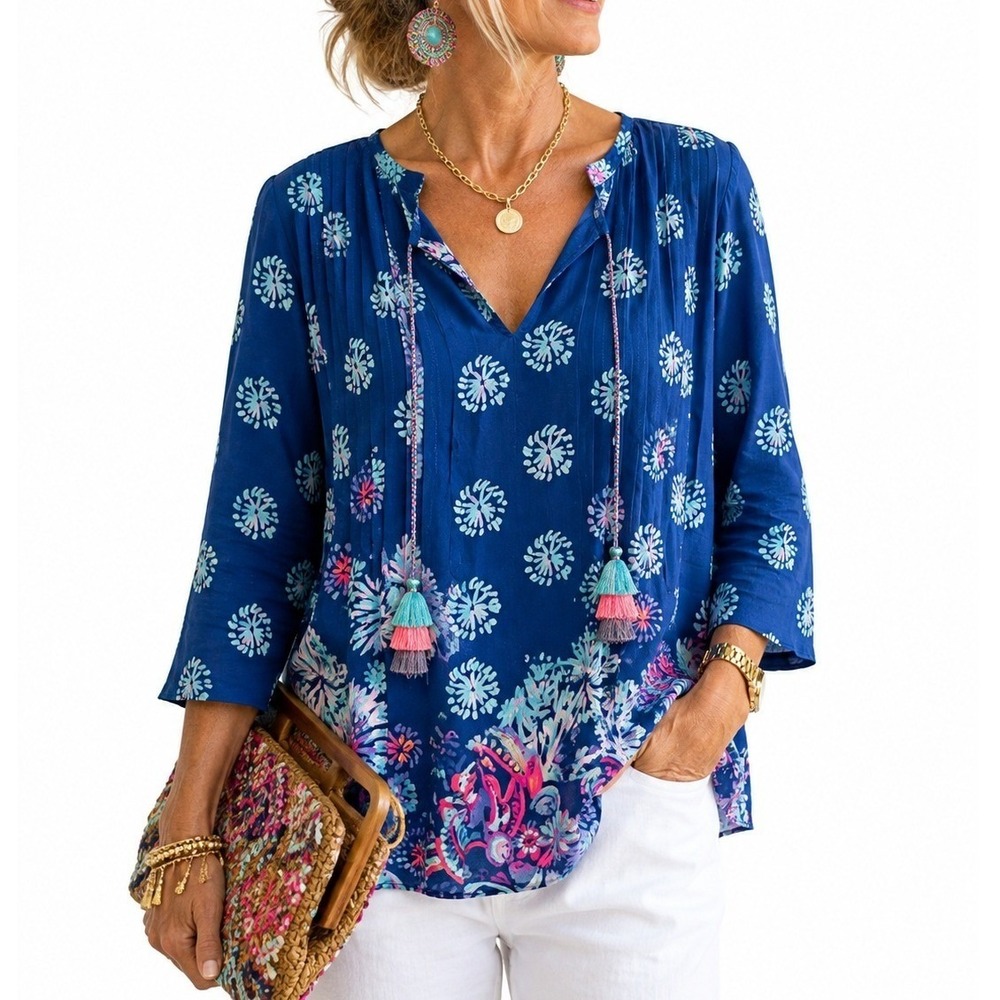 Lilly Pulitzer Blouse Womens XS Blue Tie V-Neck Tassel Marilina Top Gypsea Girl